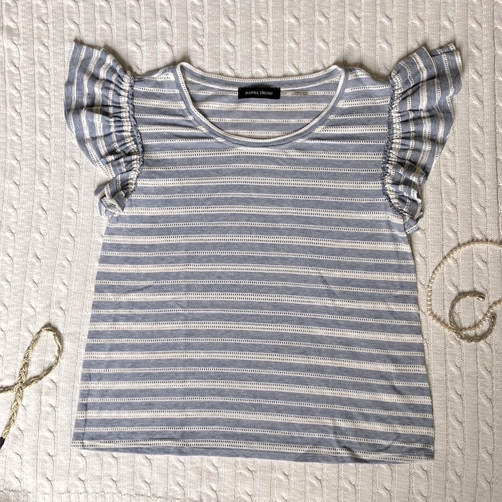 Ivanka Trump Striped Mesh Insert Ruffle Sleeve Blouse